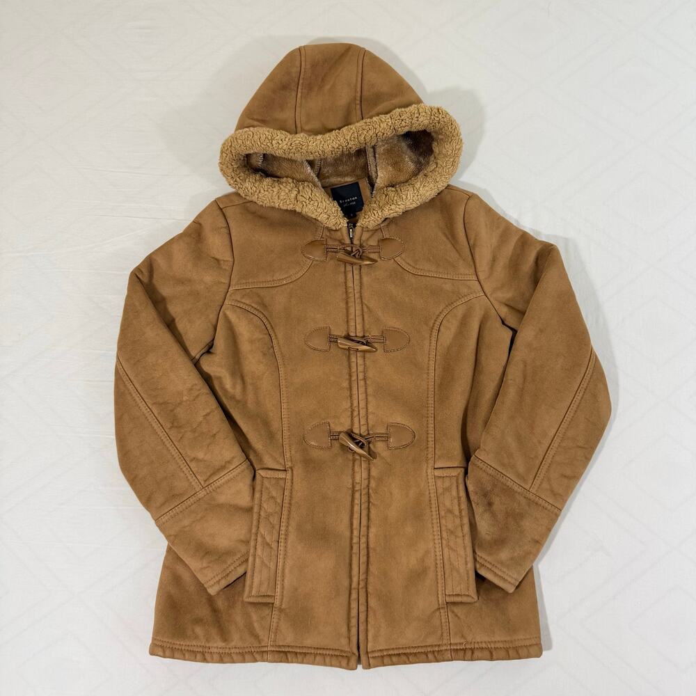 Vintage Braetan Women S Tan Faux Suede Duffle Coat Hooded Sherpa Toggle Y2K